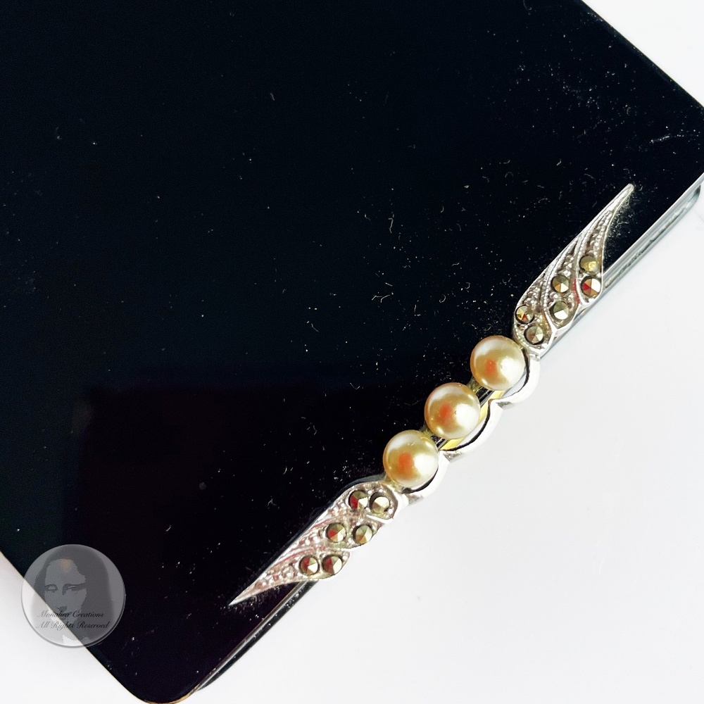 Vintage Make Up Powder Compact Mirror Art Deco Faux Pearls Marcasite Black Resin